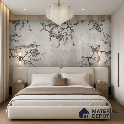 Japandi bedroom with chinoiserie wallpaper, suede upholstered bed, and natural wood flooring in Bengaluru
