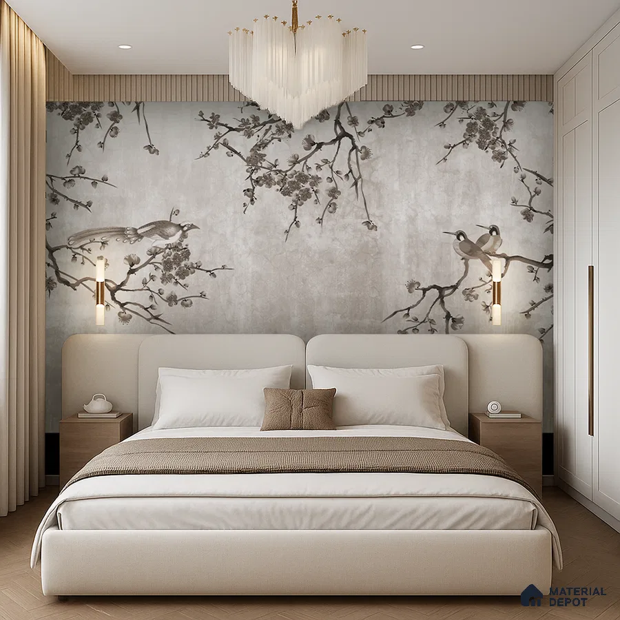 Japandi bedroom with chinoiserie wallpaper, suede upholstered bed, and natural wood flooring in Bengaluru