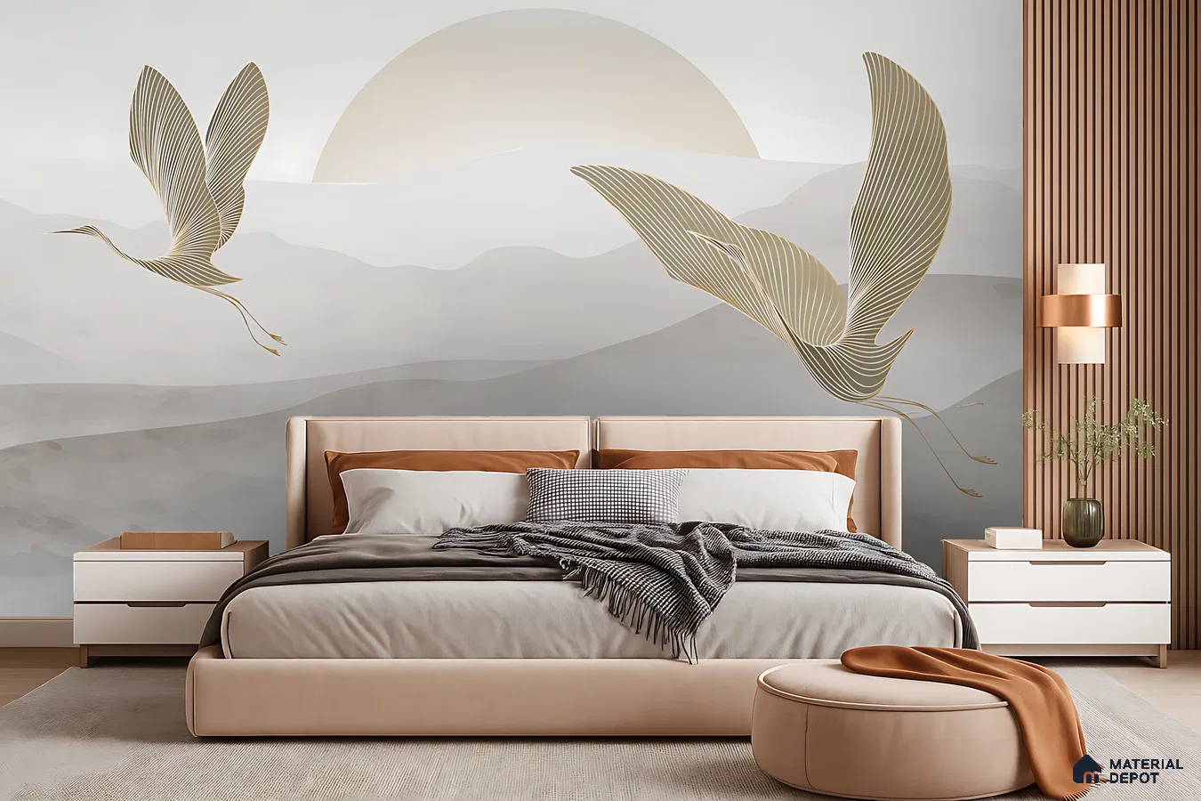 Japandi bedroom with chinoiserie wallpaper, suede upholstered bed, and natural wood louvers in Bengaluru