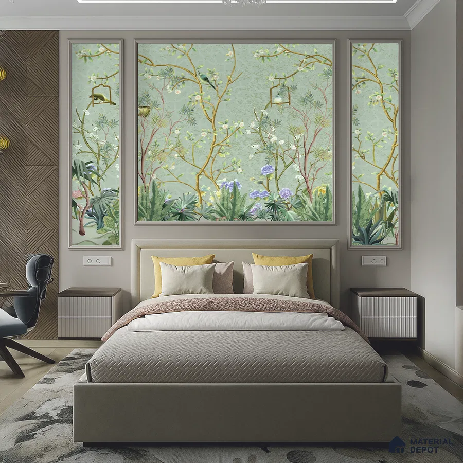 Japandi bedroom with chinoiserie wallpaper, suede upholstered bed, and wood accent wall panels in Bengaluru