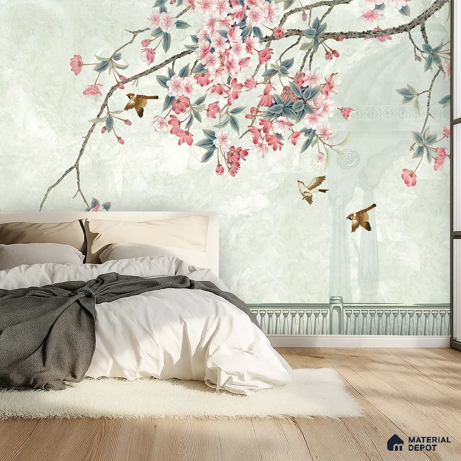 Japandi bedroom with floral chinoiserie wallpaper and natural wood flooring in Bengaluru