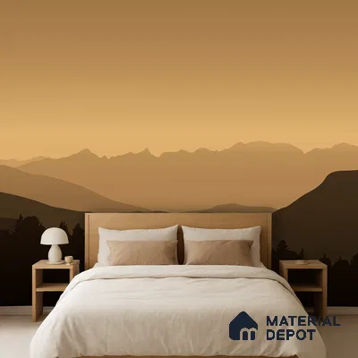 Japandi bedroom with natural wood bed, beige bedding, and mountain landscape wallpaper in Bengaluru