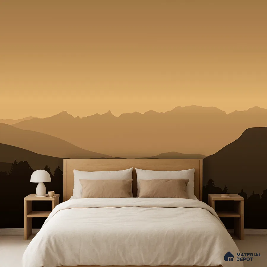 Japandi bedroom with natural wood bed, beige bedding, and mountain landscape wallpaper in Bengaluru