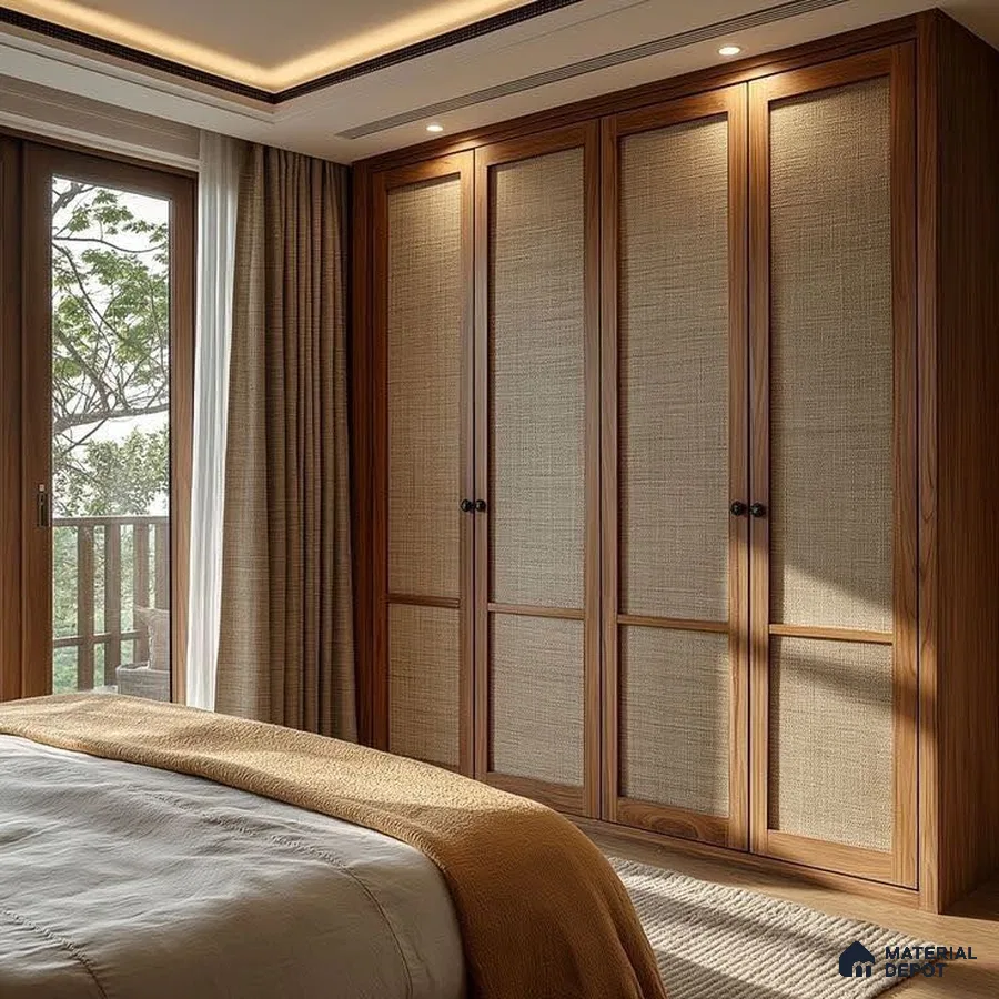 Japandi bedroom with natural wood wardrobe and woven cane panels | Material Depot