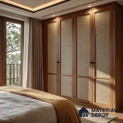 Japandi bedroom with natural wood wardrobe and woven cane panels | Material Depot