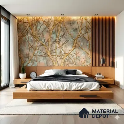 Japandi bedroom with nature-inspired wallpaper, oak wood bed, and fluted wood wall panels in Sobha Chrysanthemum Thanisandra 3 BHK Bengaluru Apartment
