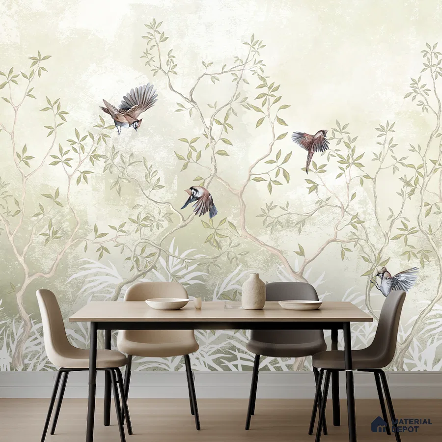 Japandi dining room with chinoiserie bird wallpaper and light wood dining table in Bengaluru
