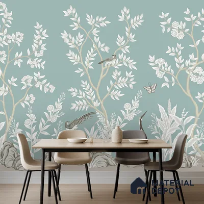 Japandi dining room with chinoiserie floral wallpaper and light wood dining table in Bengaluru