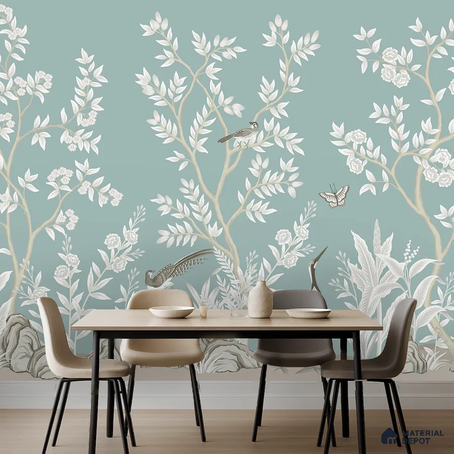 Japandi dining room with chinoiserie floral wallpaper and light wood dining table in Bengaluru