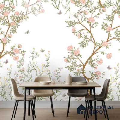Japandi dining room with chinoiserie floral wallpaper and light wood flooring in Bengaluru