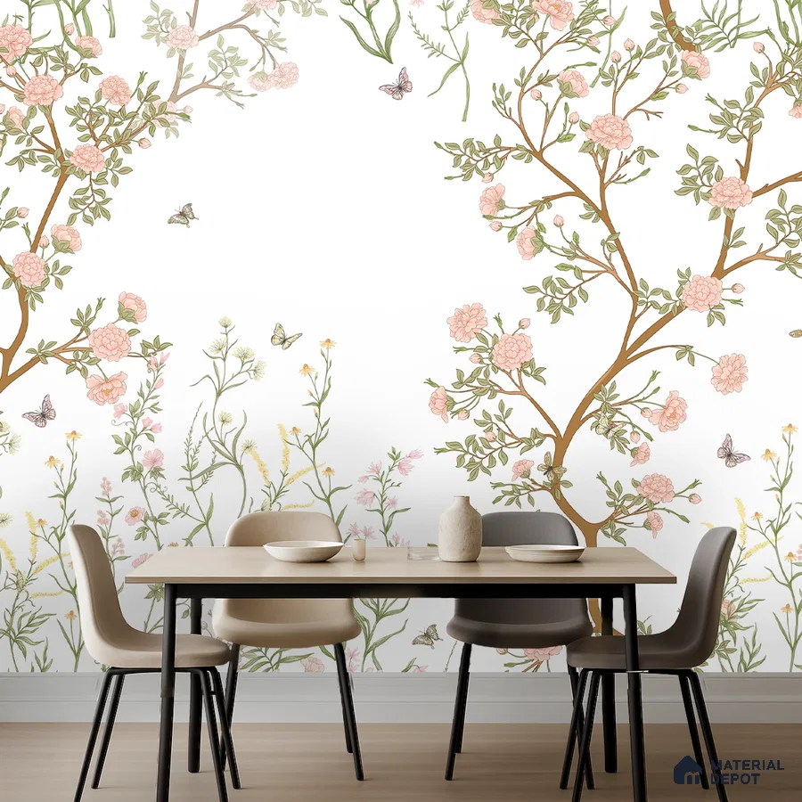 Japandi dining room with chinoiserie floral wallpaper and light wood flooring in Bengaluru