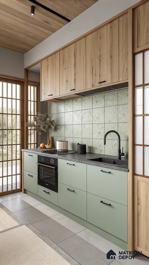 Japandi kitchen with sage green laminate, light oak wood laminate, and textured green backsplash tile in Bengaluru | Material Depot
