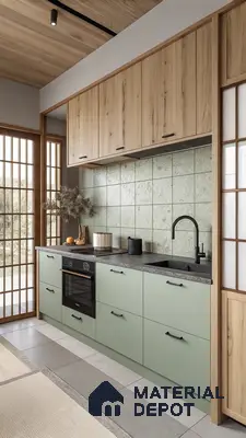 Japandi kitchen with sage green laminate, natural oak laminate, and textured green backsplash tile in Bengaluru | Material Depot