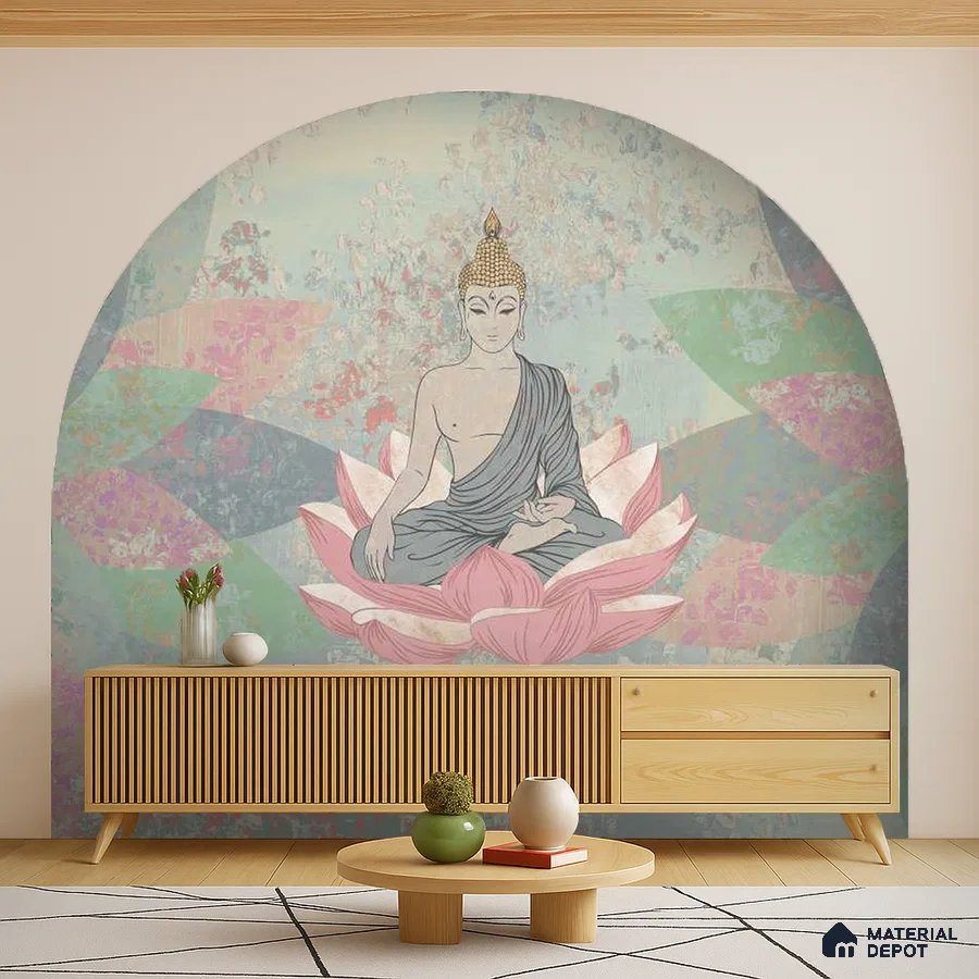 Japandi living room with Buddha mural wallpaper, light oak wood louver console, and natural wood flooring in Bengaluru