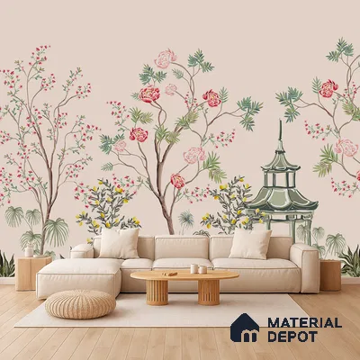 Japandi living room with chinoiserie floral wallpaper and light oak wooden flooring in Bengaluru