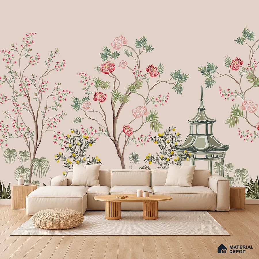Japandi living room with chinoiserie floral wallpaper and light oak wooden flooring in Bengaluru