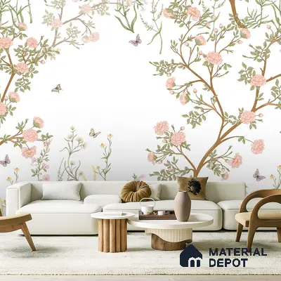 Japandi living room with chinoiserie floral wallpaper and light wood accent furniture in Bengaluru