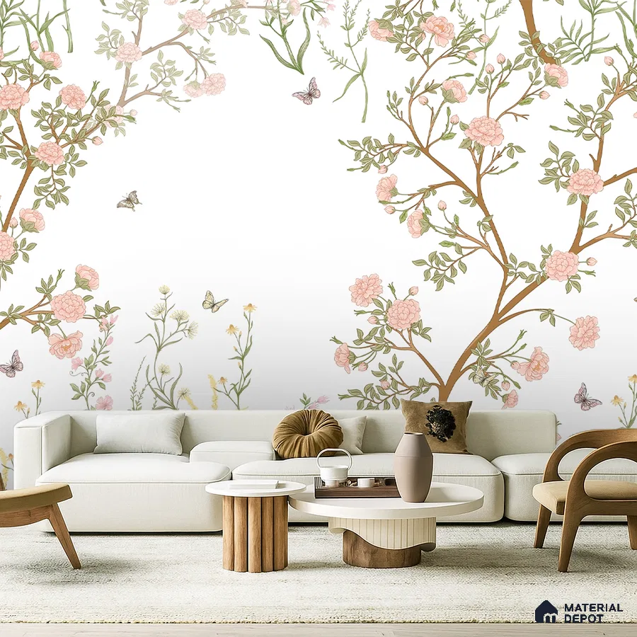 Japandi living room with chinoiserie floral wallpaper and light wood accent furniture in Bengaluru