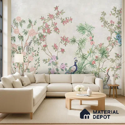 Japandi living room with chinoiserie floral wallpaper and light wood furniture in Bengaluru