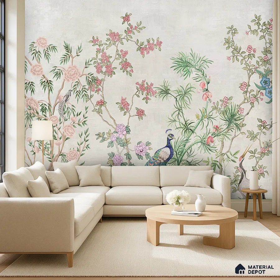 Japandi living room with chinoiserie floral wallpaper and light wood furniture in Bengaluru