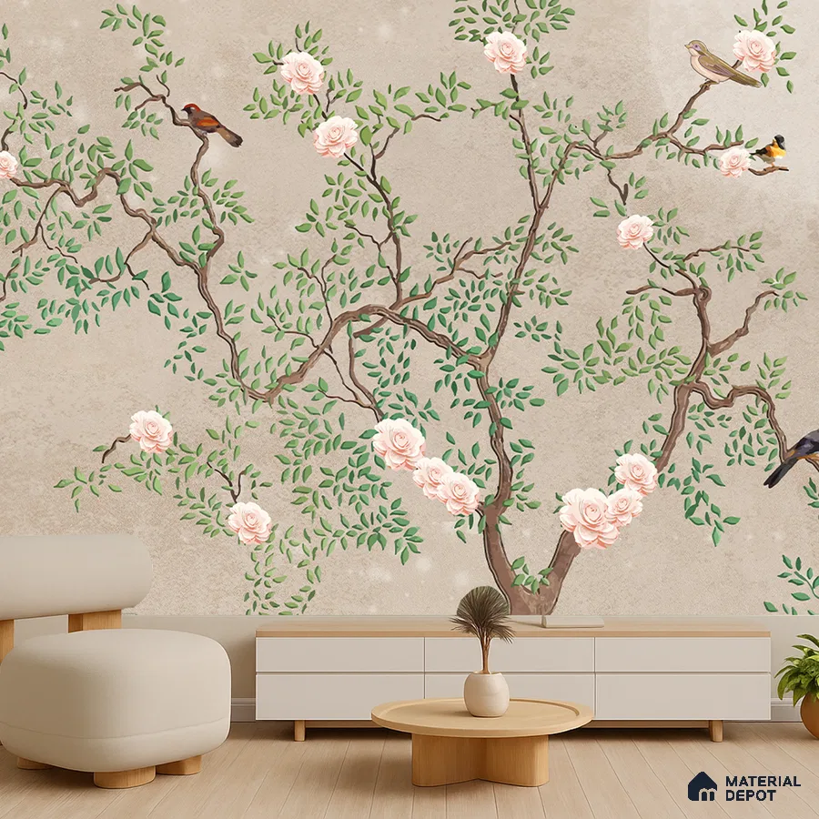 Japandi living room with chinoiserie floral wallpaper and light wood furniture in Bengaluru
