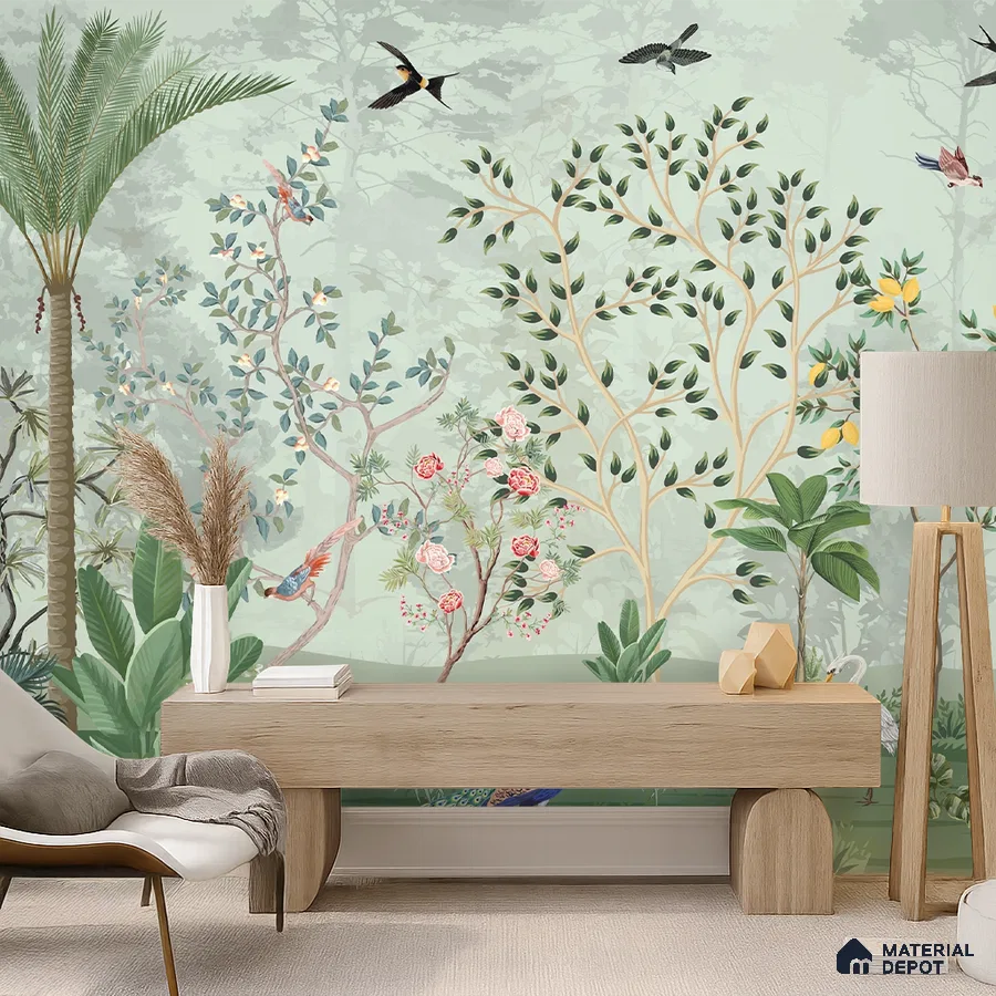 Japandi living room with chinoiserie nature wallpaper and light oak wood console in Bengaluru