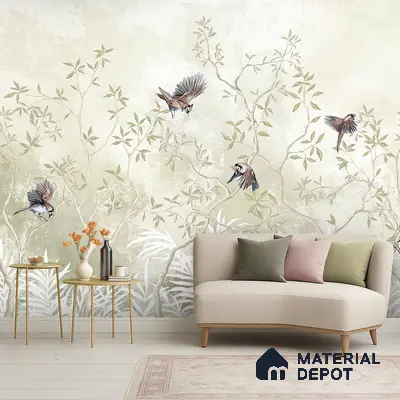 Japandi living room with chinoiserie nature wallpaper and pastel upholstery in Bengaluru