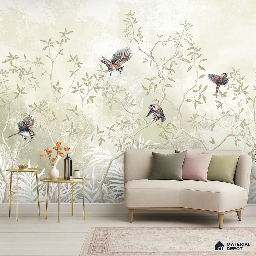 Japandi living room with chinoiserie nature wallpaper and pastel upholstery in Bengaluru