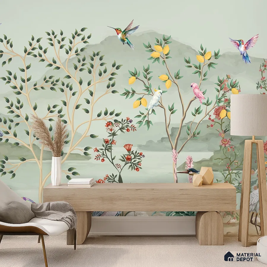 Japandi living room with chinoiserie wallpaper and light oak wood bench in Bengaluru