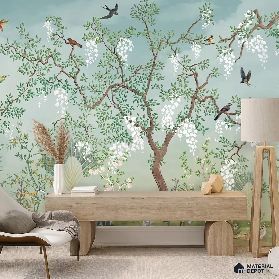 Japandi living room with chinoiserie wallpaper and light oak wood console in Bengaluru