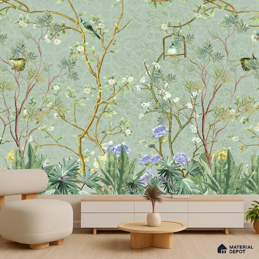 Japandi living room with chinoiserie wallpaper and light wood flooring in Bengaluru