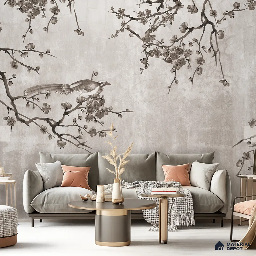 Japandi living room with chinoiserie wallpaper and suede upholstered sofa in Bengaluru