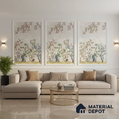 Japandi living room with chinoiserie wallpaper, beige sofa, and polished marble floor tile in Bengaluru