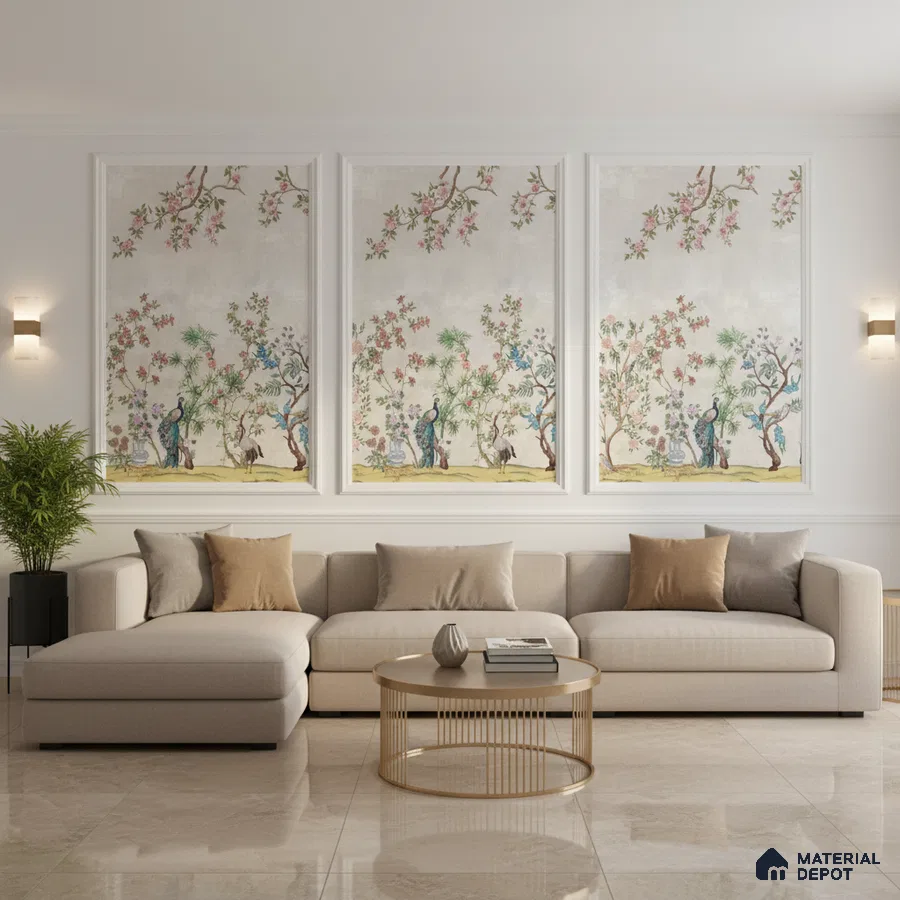 Japandi living room with chinoiserie wallpaper, beige sofa, and polished marble floor tile in Bengaluru