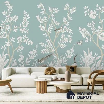 Japandi living room with chinoiserie wallpaper, cream sofa, and natural wood accent tables in Bengaluru