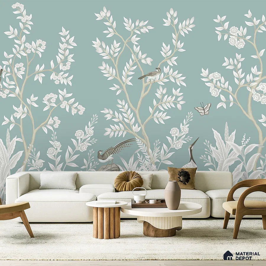 Japandi living room with chinoiserie wallpaper, cream sofa, and natural wood accent tables in Bengaluru