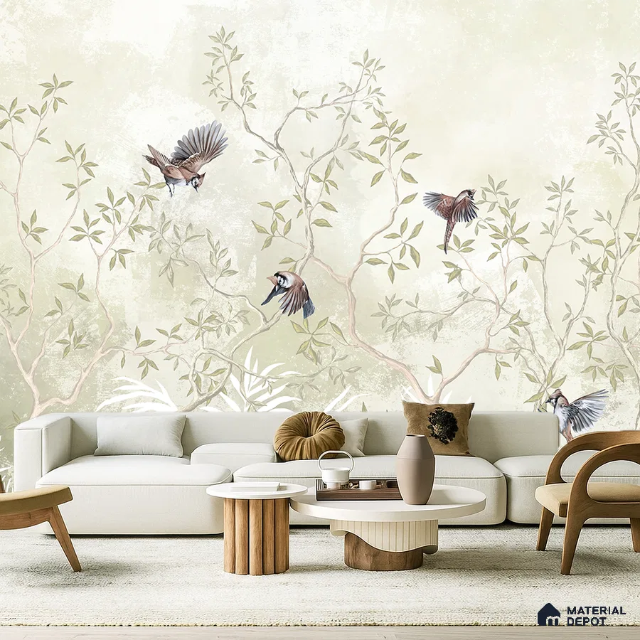 Japandi living room with chinoiserie wallpaper, light wood accents, and neutral upholstery in Bengaluru