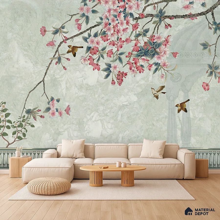 Japandi living room with floral chinoiserie wallpaper and light oak wooden flooring in Bengaluru