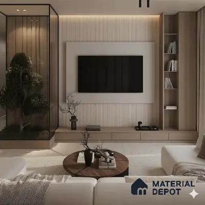 Japandi living room with light oak fluted wall panels and natural wood laminate TV unit in Sobha Chrysanthemum Thanisandra 3 BHK Bengaluru Apartment