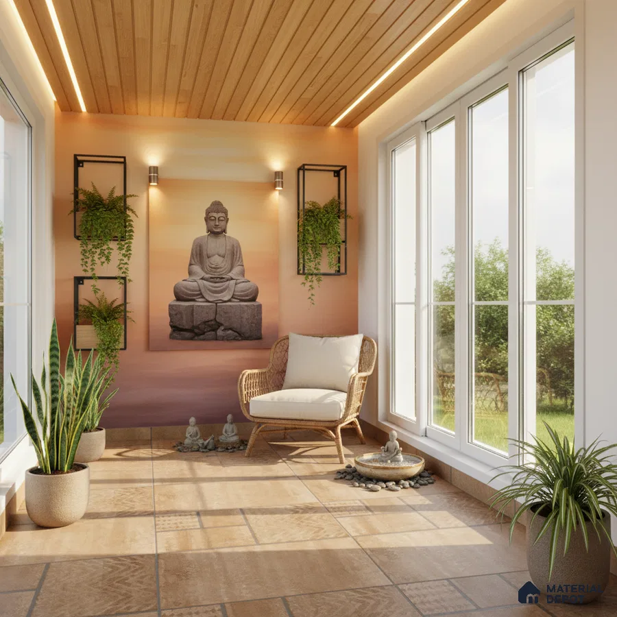Japandi pooja room with natural wood ceiling, terracotta patterned floor tiles, and Buddha mural wallpaper