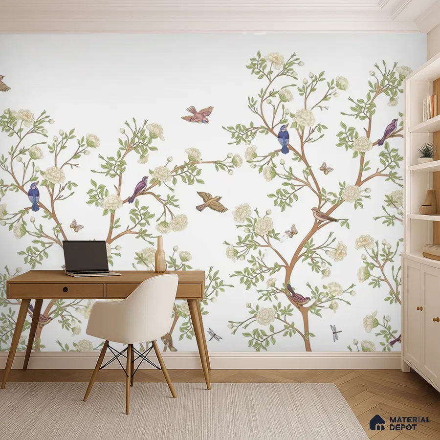 Japandi study room with chinoiserie floral wallpaper and light oak wood desk in Bengaluru