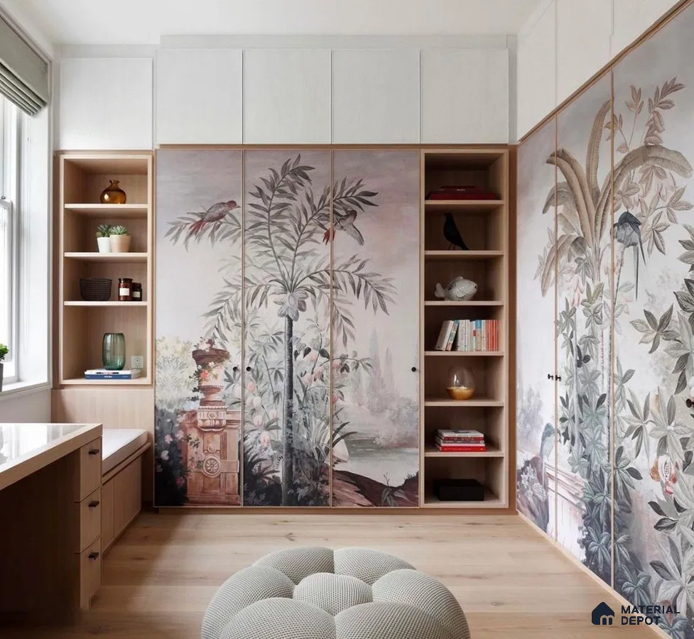Japandi study room with chinoiserie wallpaper wardrobes and light oak wooden flooring | Material Depot