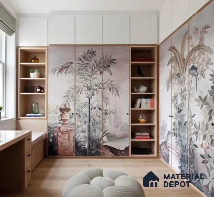 Japandi study room with chinoiserie wallpaper wardrobes and light oak wooden flooring | Material Depot