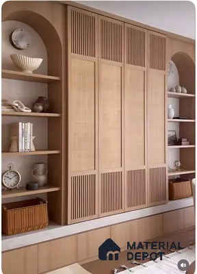 Japandi-Style Storage Wall With Vertical Fluted And Woven Rattan Panels Framed By Arched Niche Shelves | Material Depot