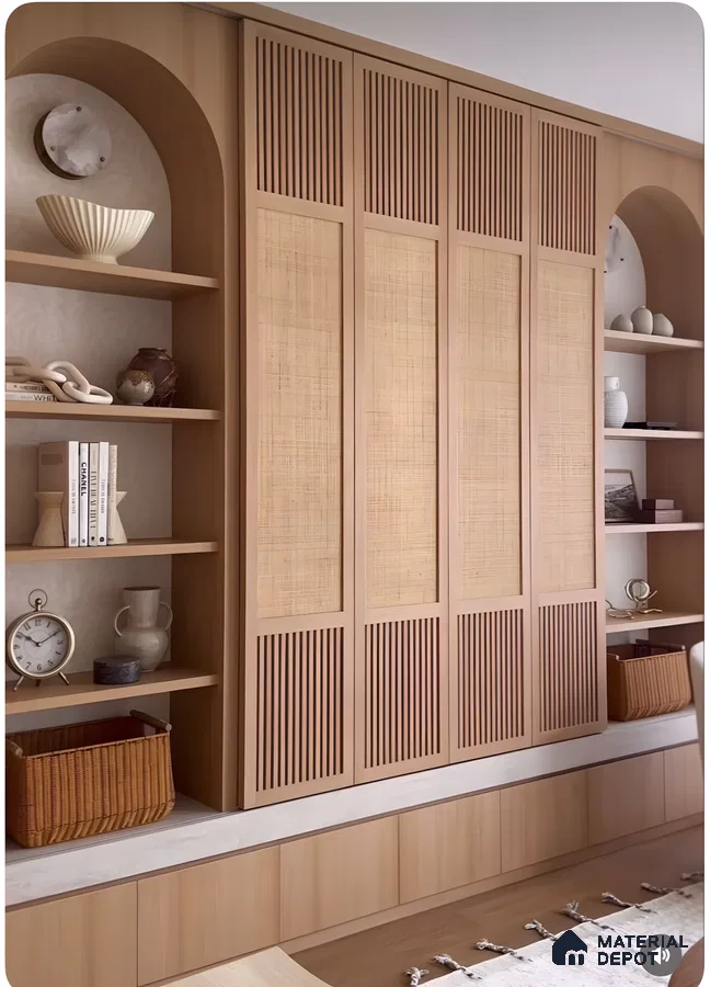 Japandi-Style Storage Wall With Vertical Fluted And Woven Rattan Panels Framed By Arched Niche Shelves | Material Depot