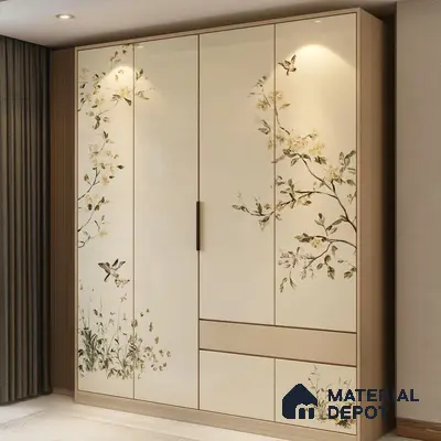 Japandi wardrobe with floral patterned laminate and light wood frame | Material Depot