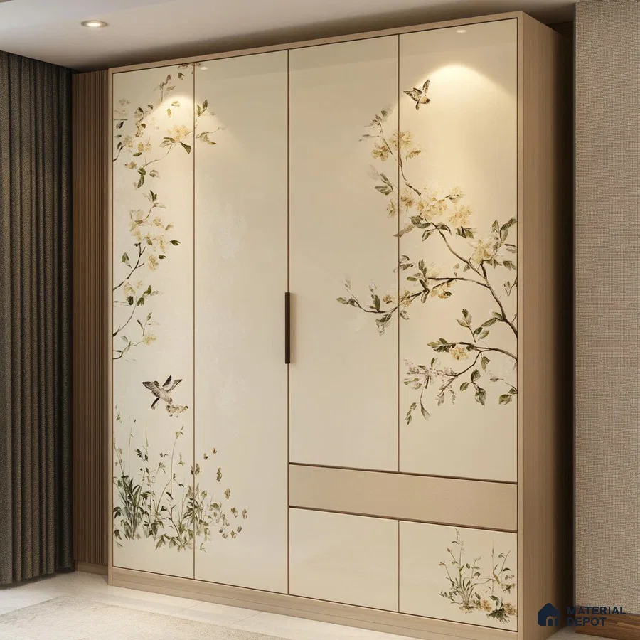 Japandi wardrobe with floral patterned laminate and light wood frame | Material Depot