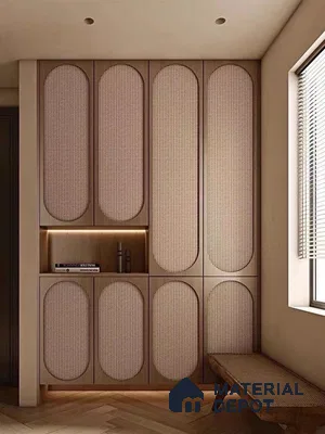 Japandi wardrobe with natural cane shutters and light oak wood, herringbone wooden flooring | Material Depot