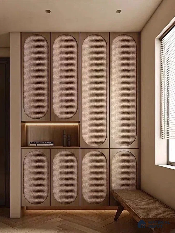 Japandi wardrobe with natural cane shutters and light oak wood, herringbone wooden flooring | Material Depot