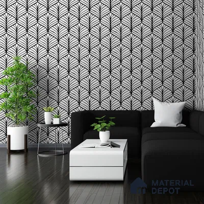 A close-up of a Black and White Japanese Leaves Motif Wallpaper 19.6 Inches(W) x 420 Inches(H) Atarangi Series Abstract Patterned - 57 Sq. Ft. with a finish available at Material Depot in Bangalore
